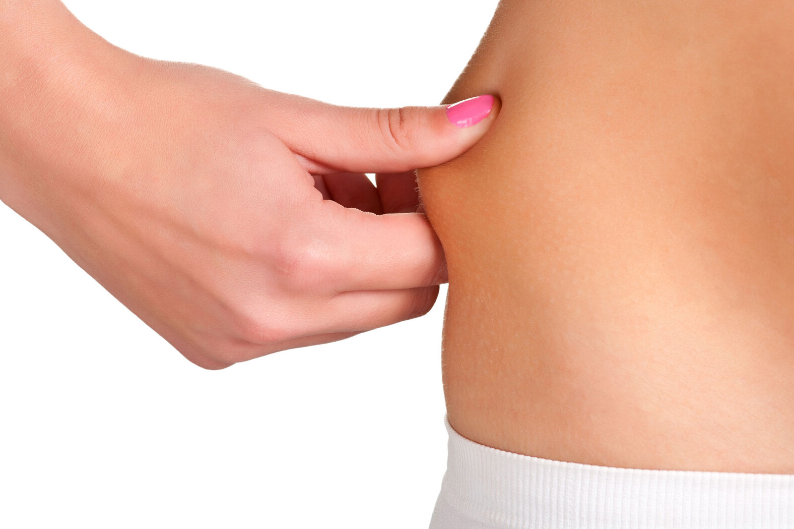 Woman hand pitching side of stomach to promote CoolSculpting of body